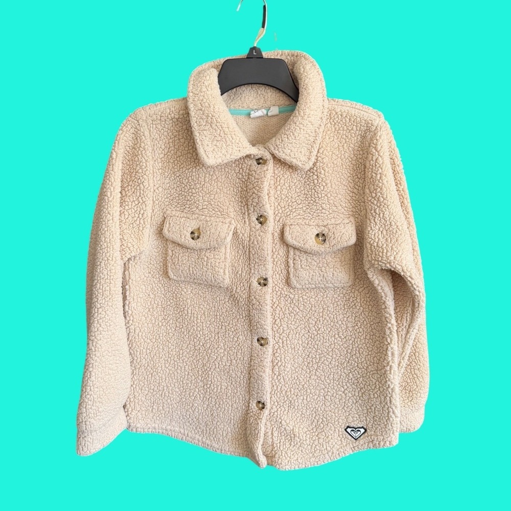 Roxy Girl Cream Sherpa Shacket Button Up Fleece Jacket Large 14/16 Cream